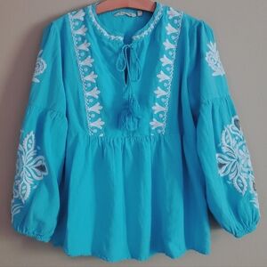 SOFT SURROUNDINGS Marissa Atlas Blue Embroidered Beaded Boho Peasent Blouse SZ M
